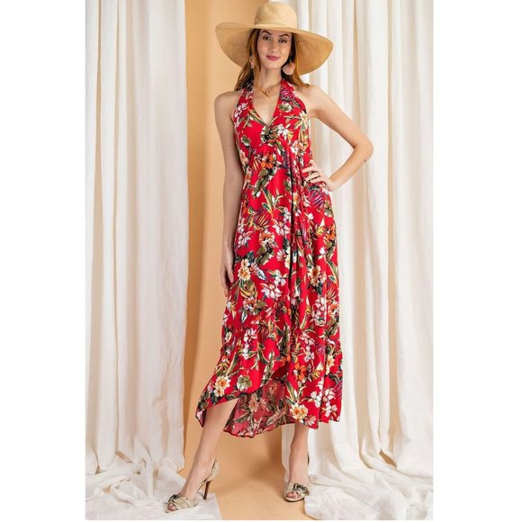 Red Floral Maxi Halter Dress Hi-Lo Open Back Summer Maxi - Ruffle Hem - By Easel - Picture 2 of 9